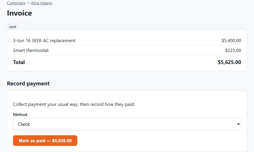A DuctWright invoice with line items, a total and a record-payment form