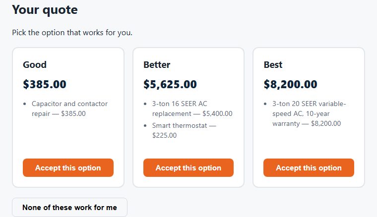 The customer's quote page showing three priced options
