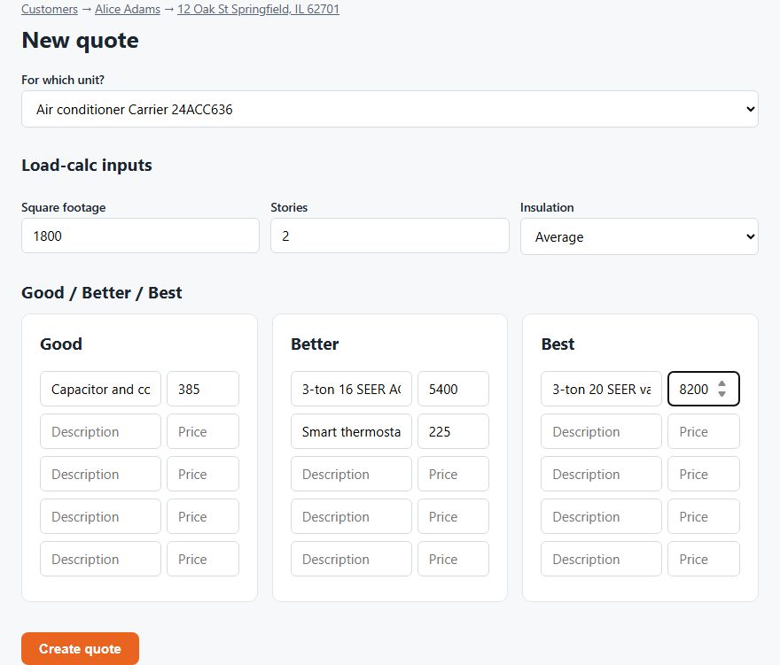 The DuctWright quote builder with good, better and best columns filled in
